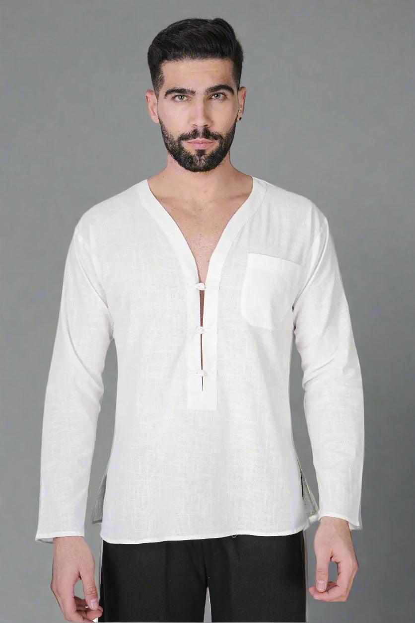 White self button Kurta - Nirmal Online