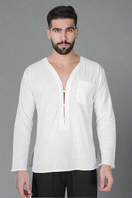 White self button Kurta - Nirmal Online