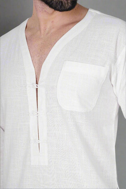 White self button Kurta - Nirmal Online