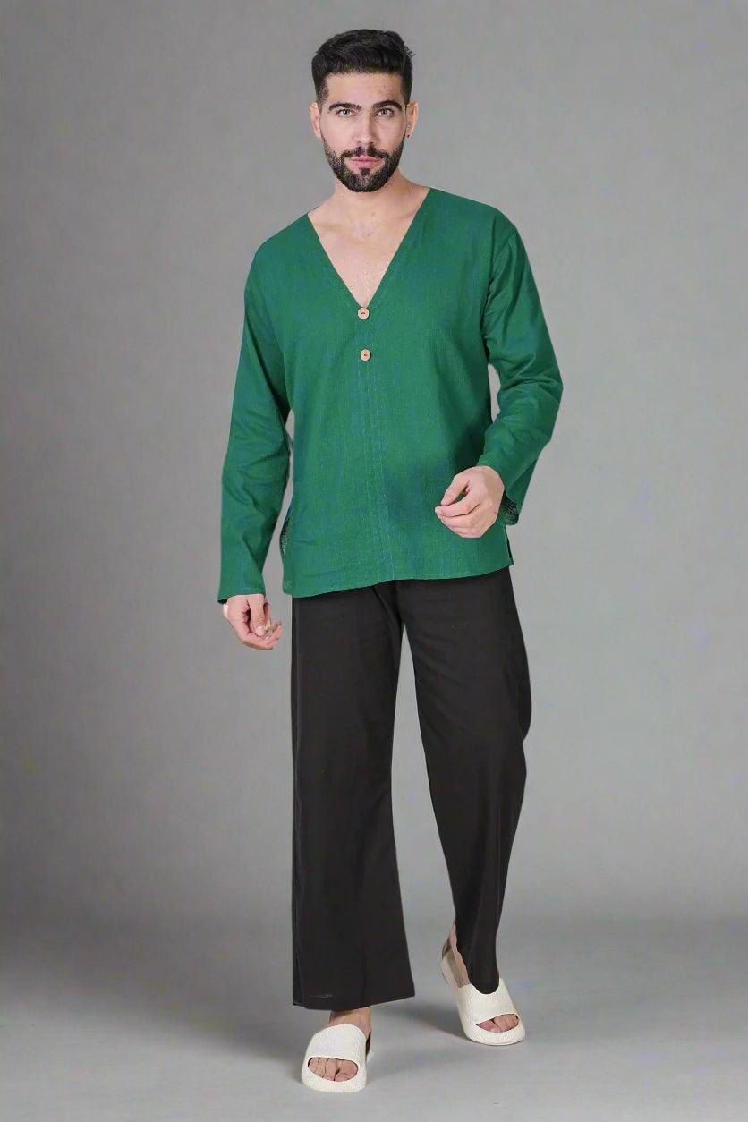 V-Neck Buttoned Green Kurta - Nirmal Online
