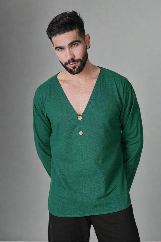 V-Neck Buttoned Green Kurta - Nirmal Online