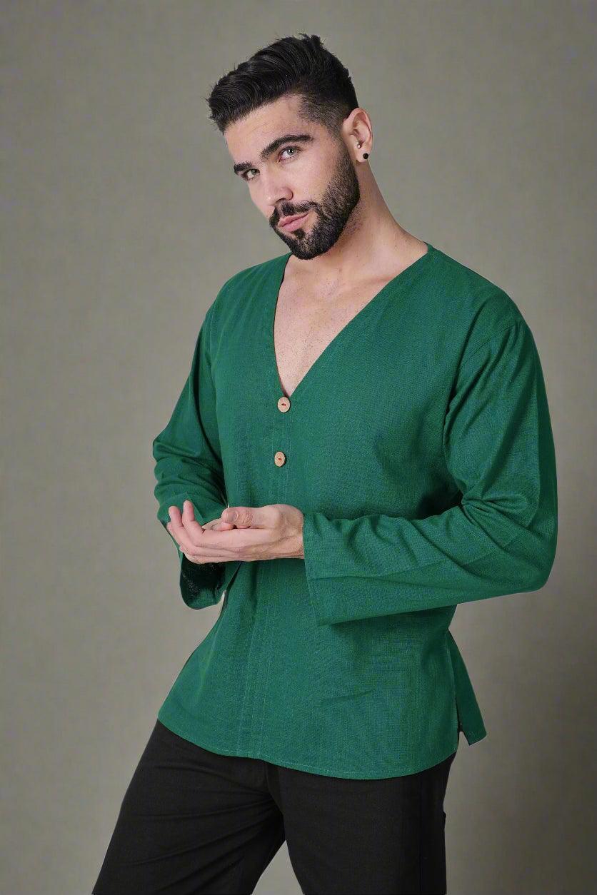 V-Neck Buttoned Green Kurta - Nirmal Online