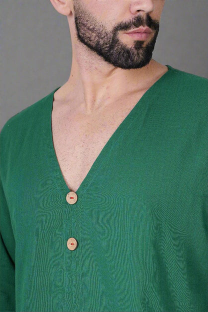 V-Neck Buttoned Green Kurta - Nirmal Online