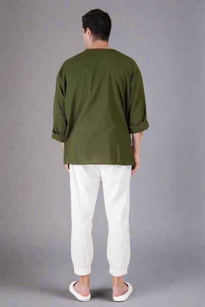 Olive Green Off Shoulder Loose Cotton Kurta - Nirmal Online