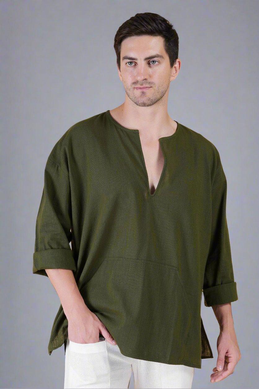 Olive Green Off Shoulder Loose Cotton Kurta - Nirmal Online