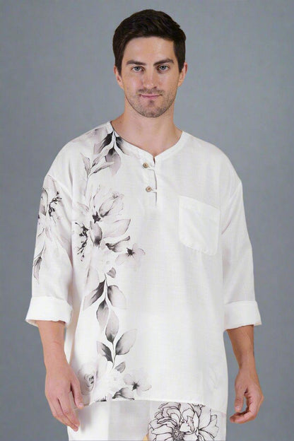 Flower Printed White Kurta - Nirmal Online