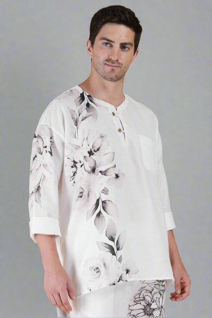Flower Printed White Kurta - Nirmal Online