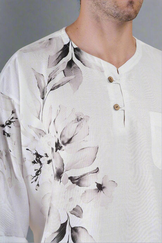Flower Printed White Kurta - Nirmal Online