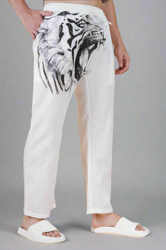 Lion Printed White Pajama - Nirmal Online