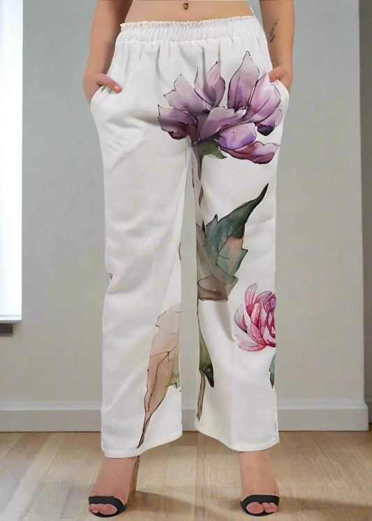 Elastic Waist Floral Digital Print Trousers In Luxe Poly Linen - Nirmal Online