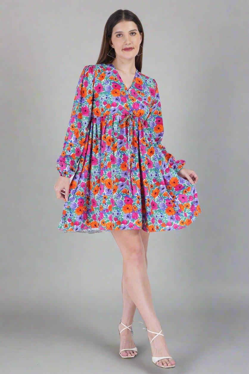 Multi Color Flower Printed Short Dress - Nirmal Online