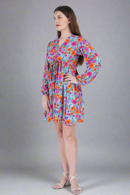 Multi Color Flower Printed Short Dress - Nirmal Online