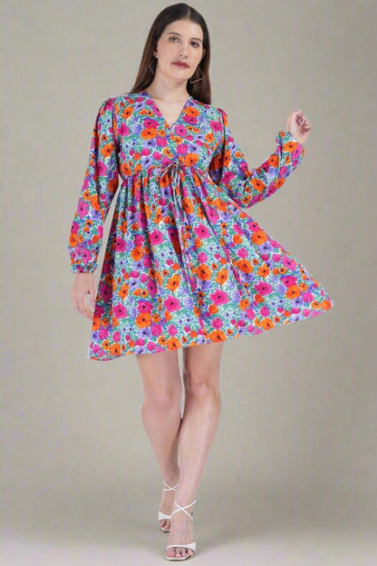 Multi Color Flower Printed Short Dress - Nirmal Online