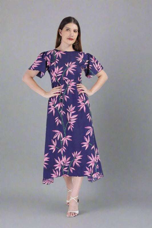 Leaf Printed On Blue Dress - Nirmal Online