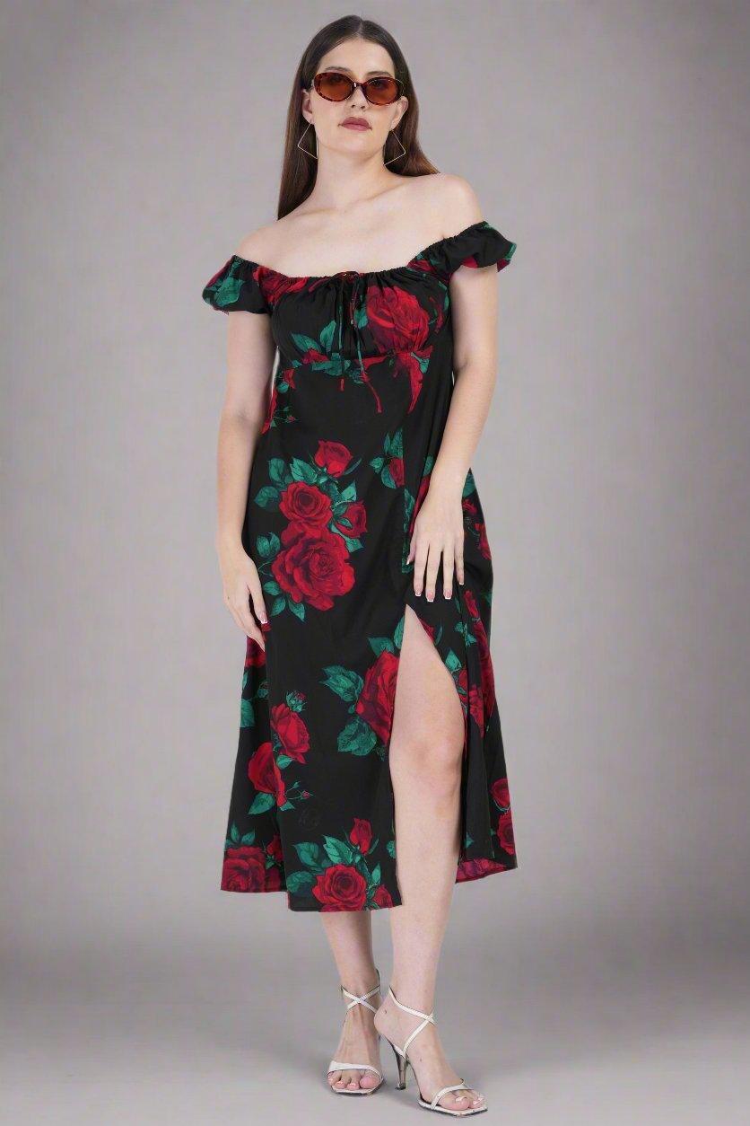Elegant Rose Blossom Slit Midi Dress - Nirmal Online