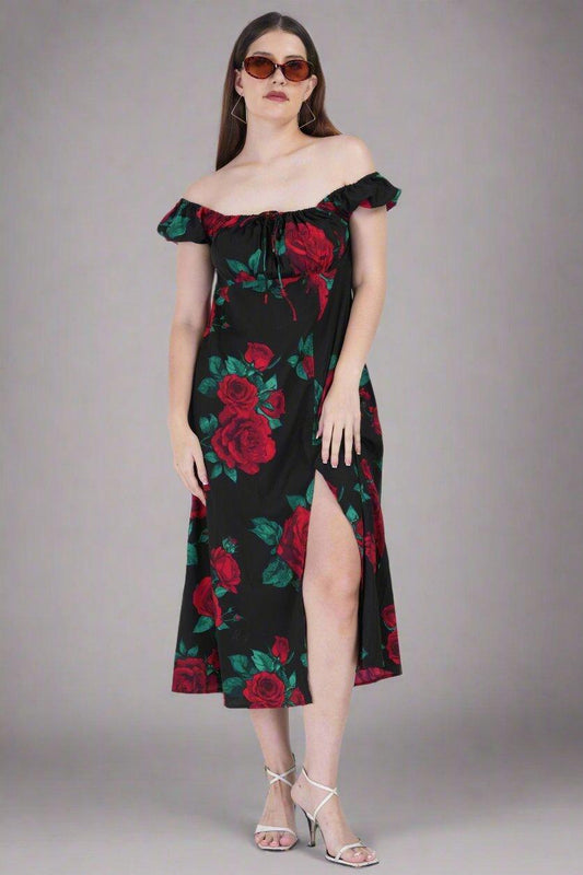 Elegant Rose Blossom Slit Midi Dress - Nirmal Online