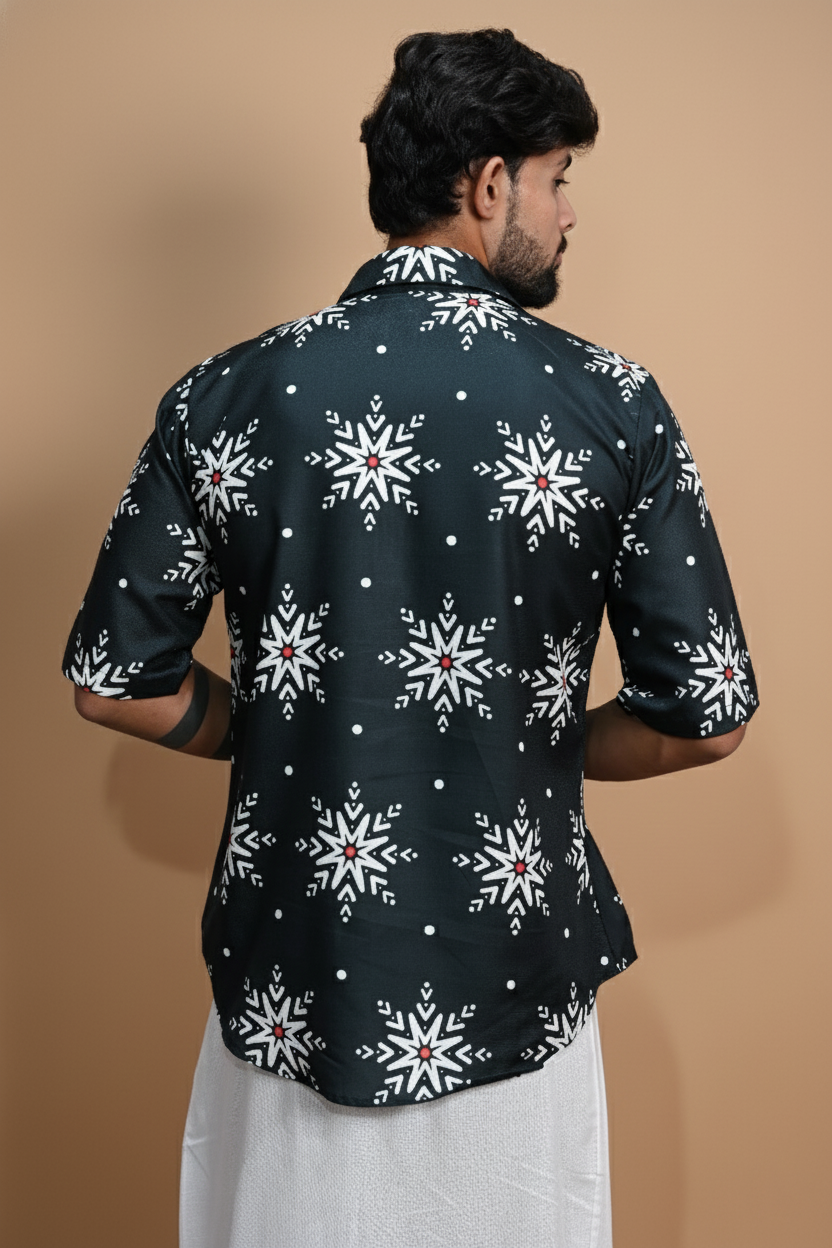Snowflake Charm Navy Color Digital Print Kurta Shirt For Men's