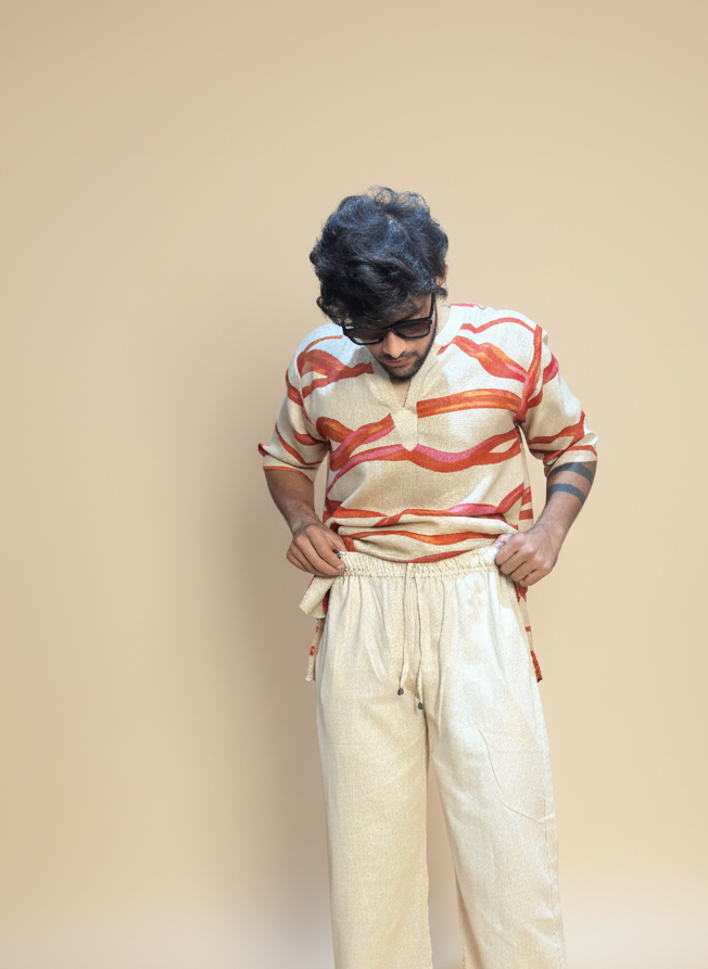 Beige Cream red wave poly linen kurta for men's