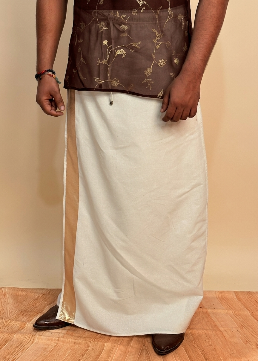 Men White Color With Light Golden Zari Stripe Pajamalungi