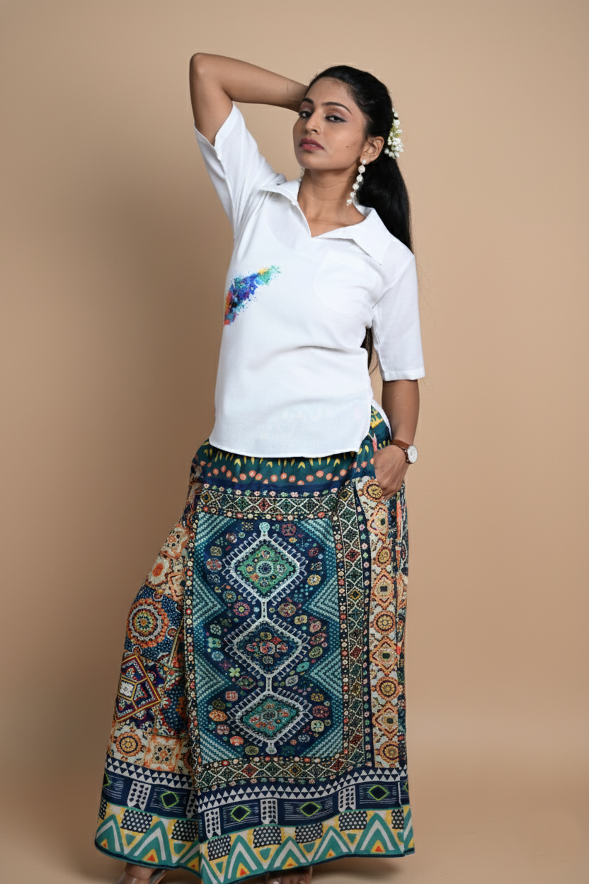 Women Multicolor Peacock Feather Printed White Kurti