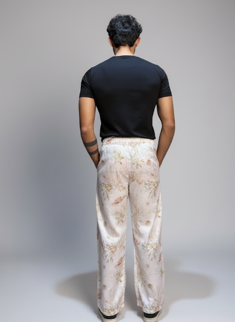 Floral Cream digital print poly linen pajama for men's