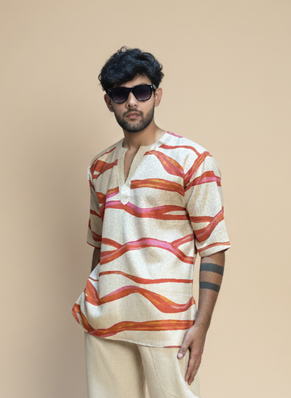Beige Cream red wave poly linen kurta for men's