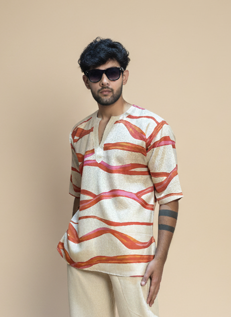 Beige Cream red wave poly linen kurta for men's