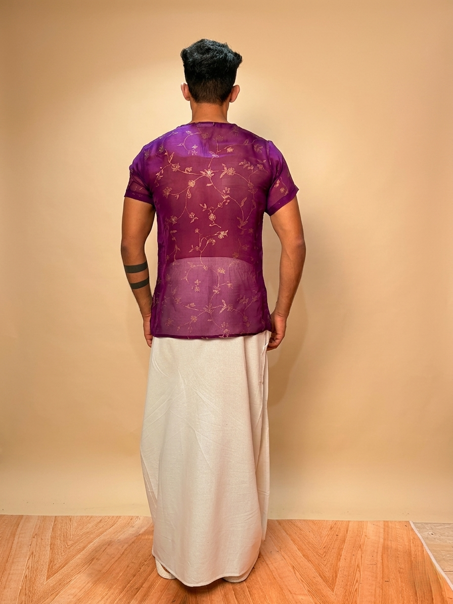 Men Purple Colour Viscose Organza Foil Print Kurta