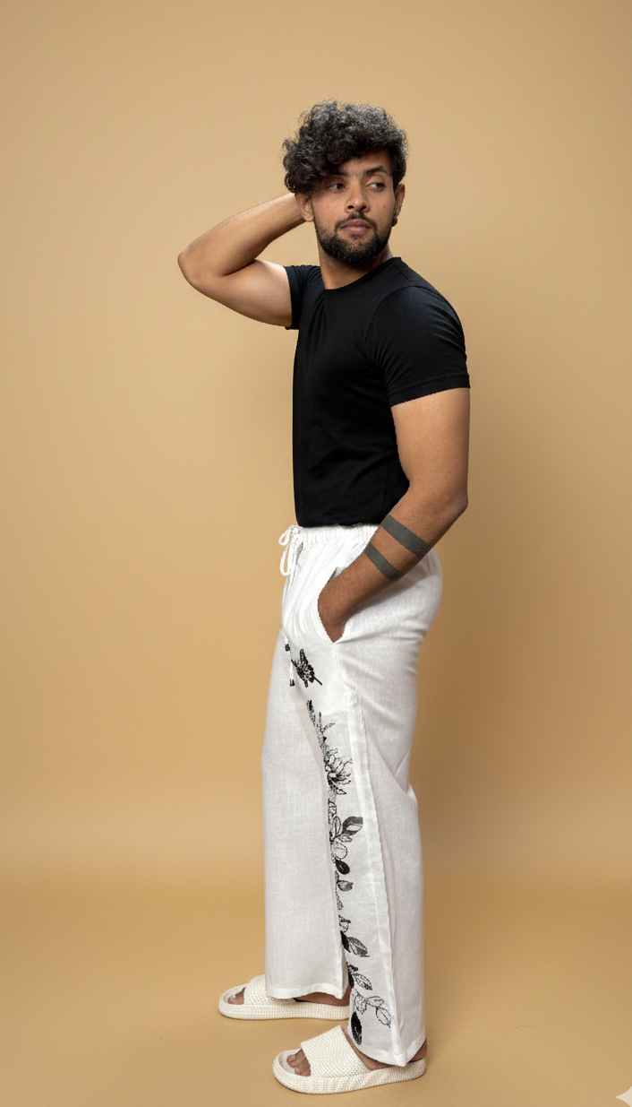 Men White Floral Butterfly Print Pajama