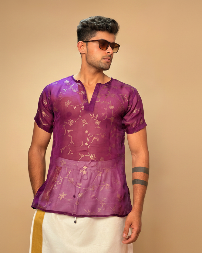 Men Purple Colour Viscose Organza Foil Print Kurta