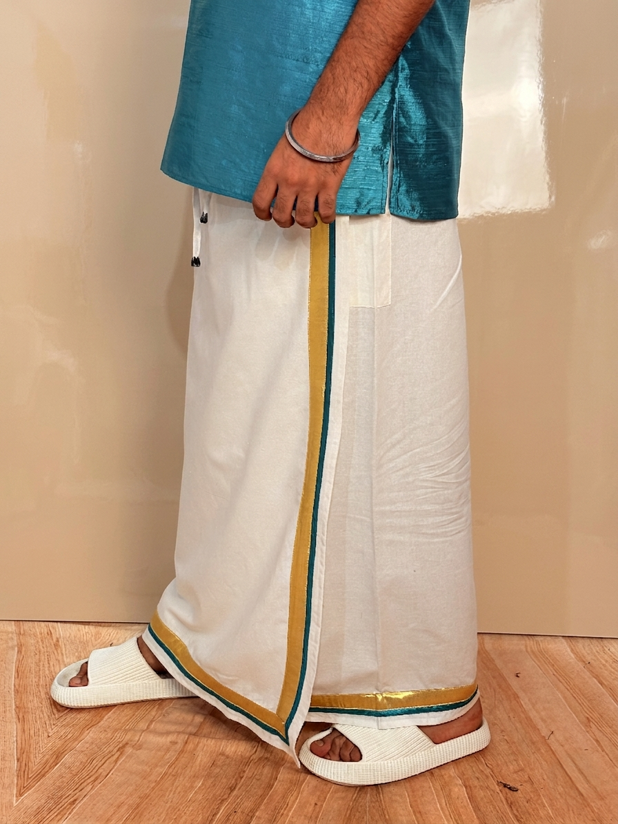 Men White Color With Golden Zari & Ramagreen Stripe Pajamalungi