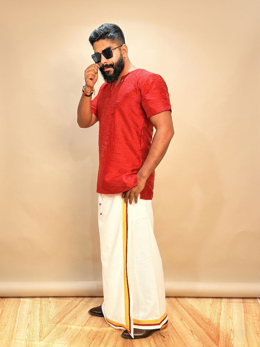 Men Red Colour Mulbery Silk Kurta