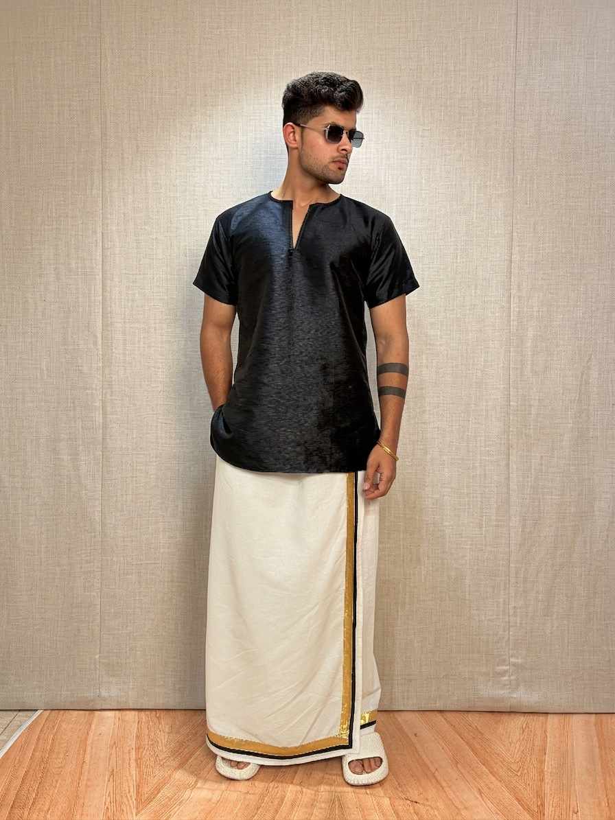 Men White Color With Golden Zari & Black Stripe Pajamalungi