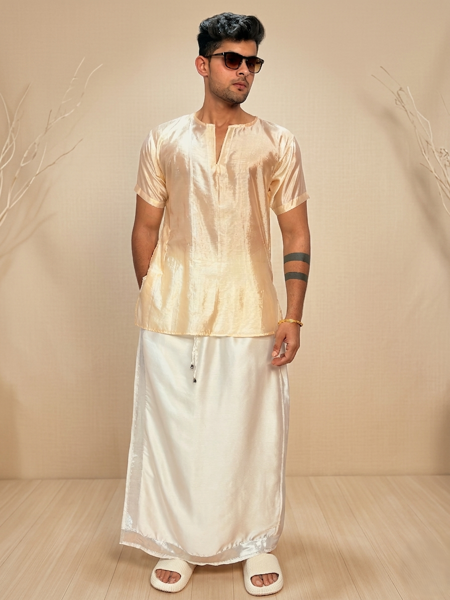 Men Light Gold Colour Silk Kurta