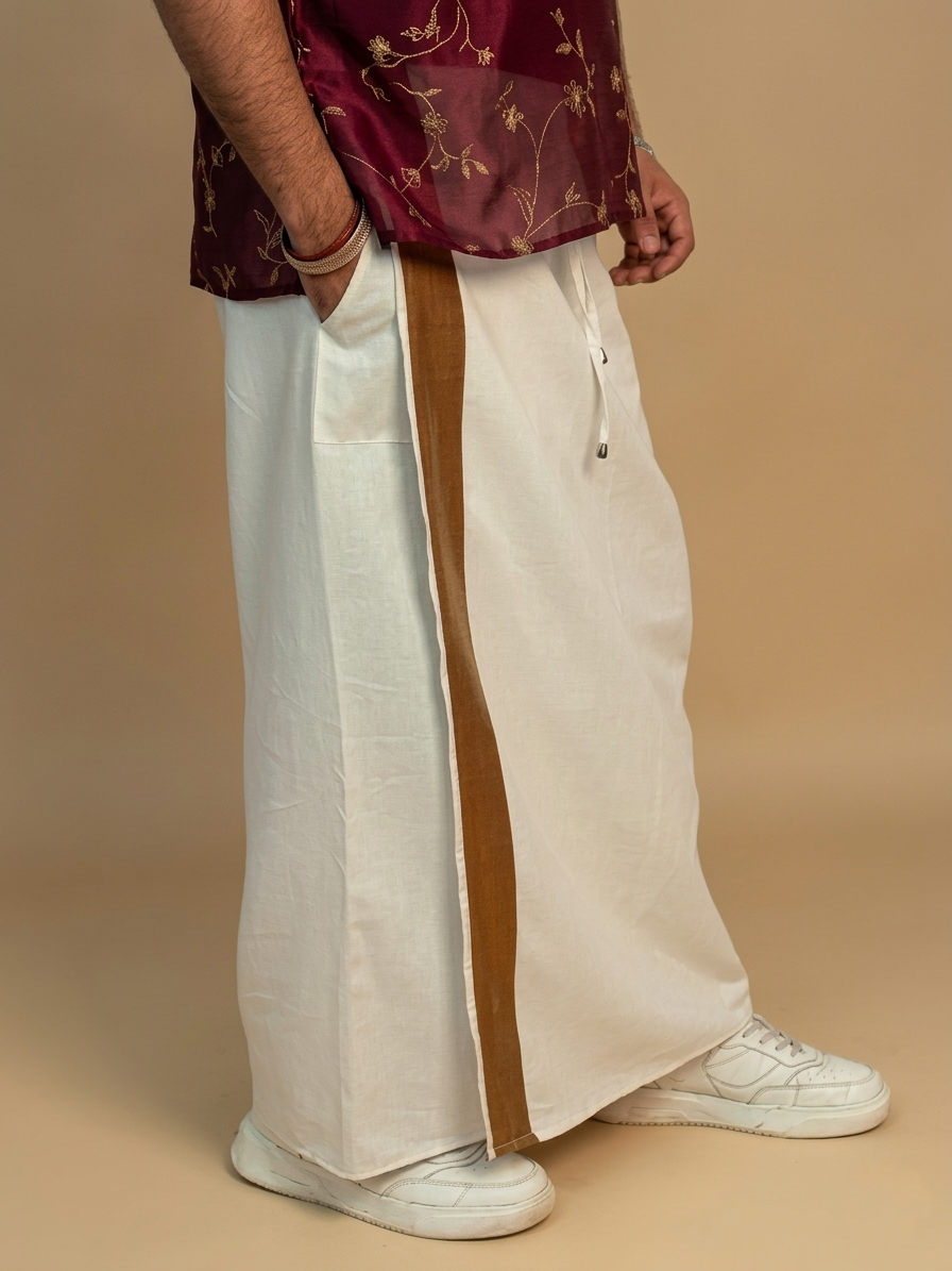Men White Color With Copper Zari Stripe Pajamalungi