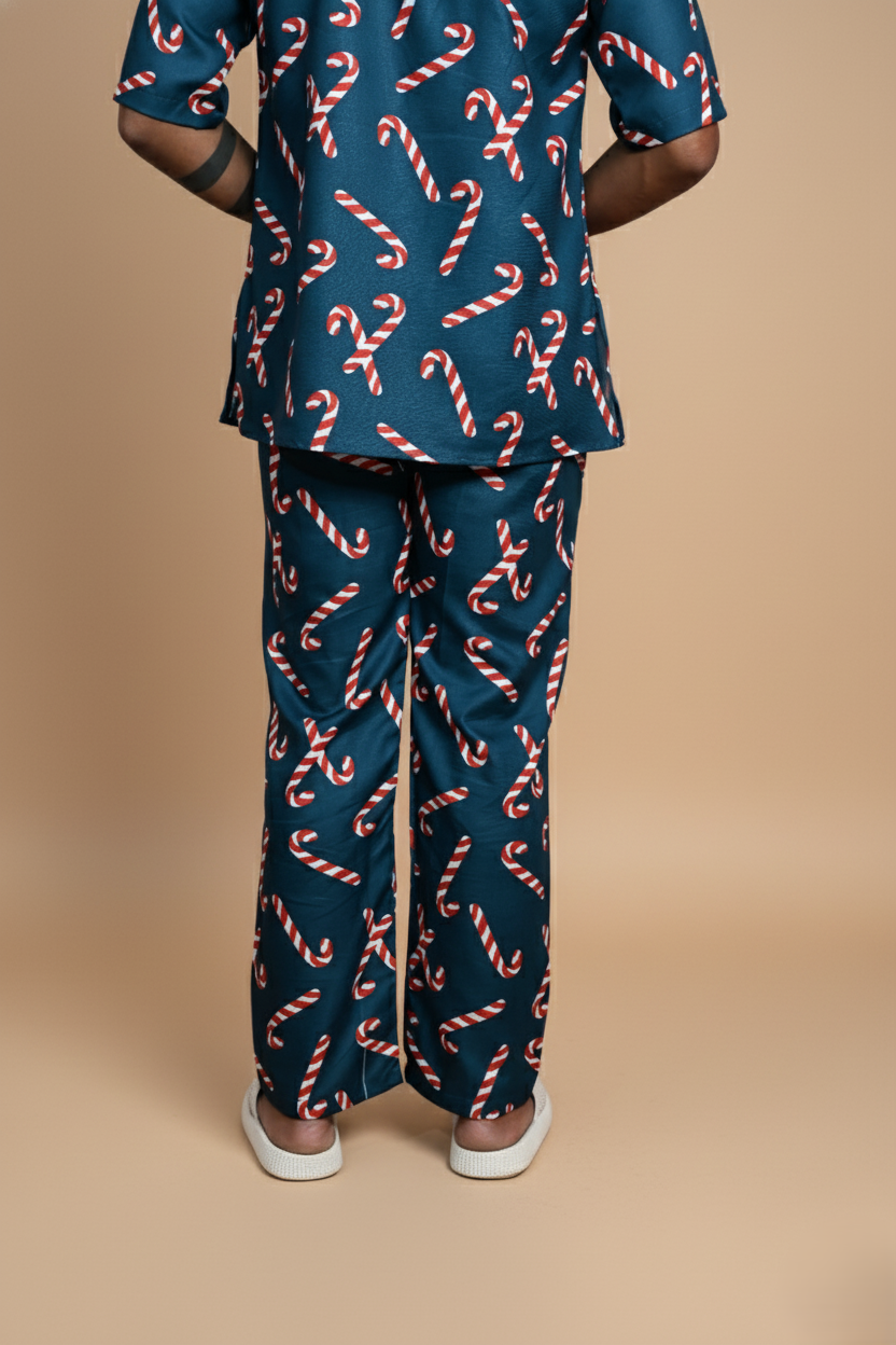 Dark Teal Candy Cane Digital Print Pajama For Men