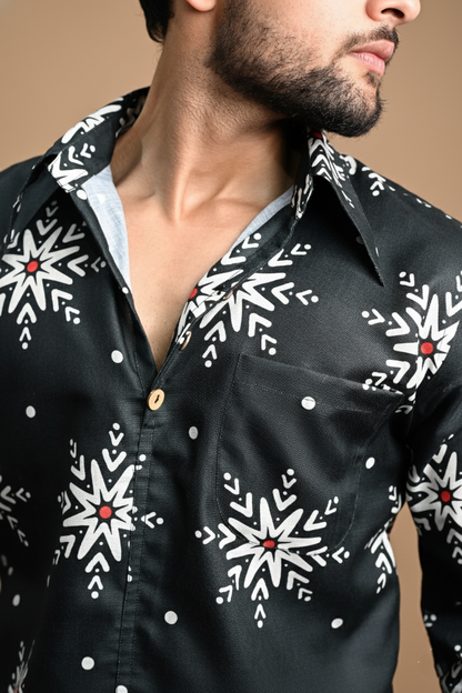 Snowflake Charm Navy Color Digital Print Kurta Shirt For Men's