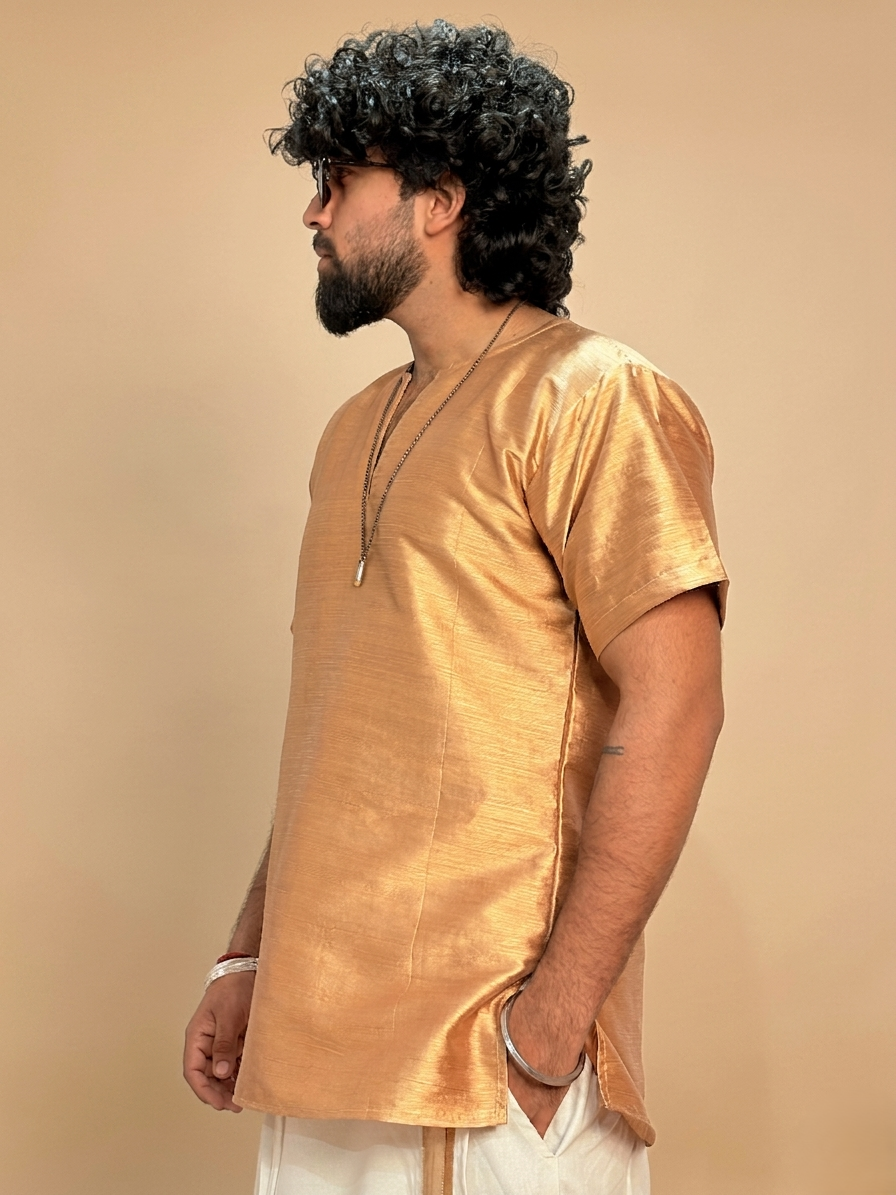 Men Golden Colour Mulberry Silk Kurta.