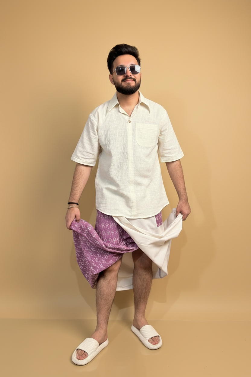 Men White Color  Pajamalungi With Purple Embroidery Panel