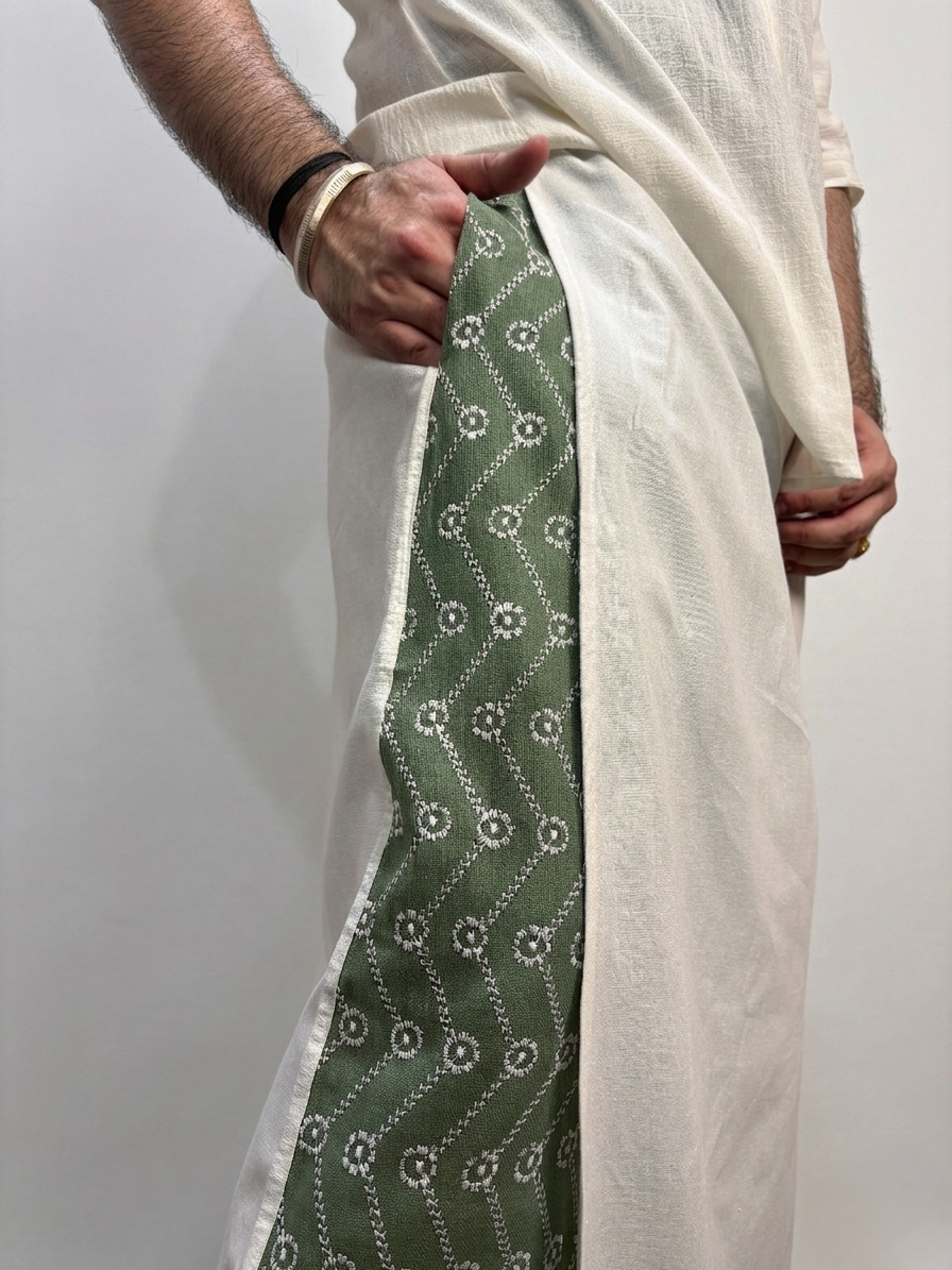 Men White Color  Pajamalungi With Green Embroidery Panel