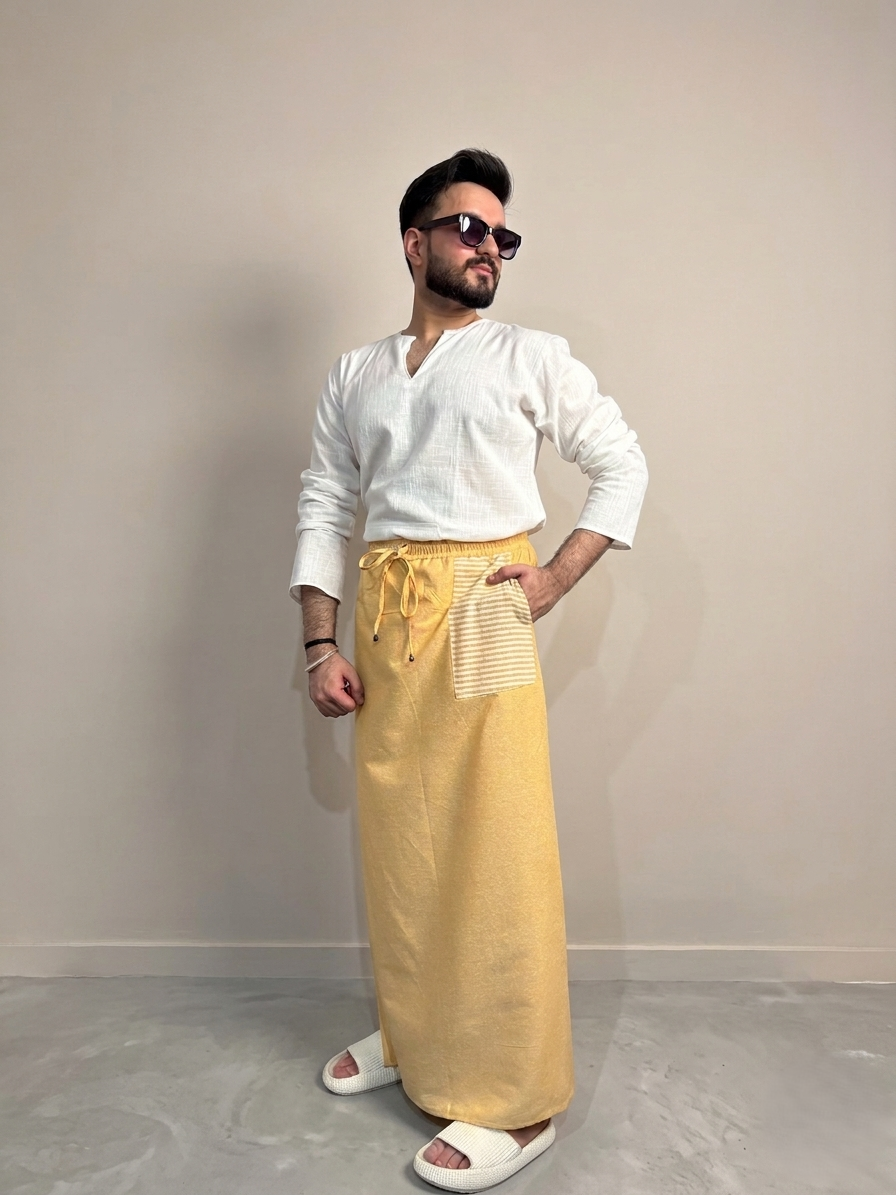 Men Yellow Color Pajamalungi With Yellow Stripe Panel