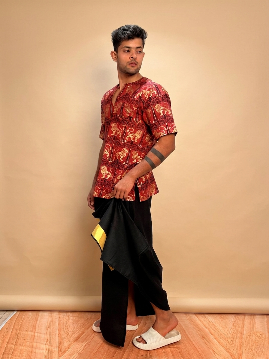 Mens short sleeve v neck royal lion foil print Kurta