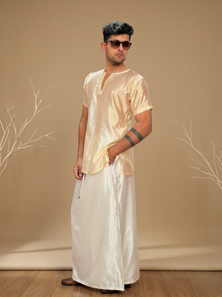 Men Light Gold Colour Silk Kurta