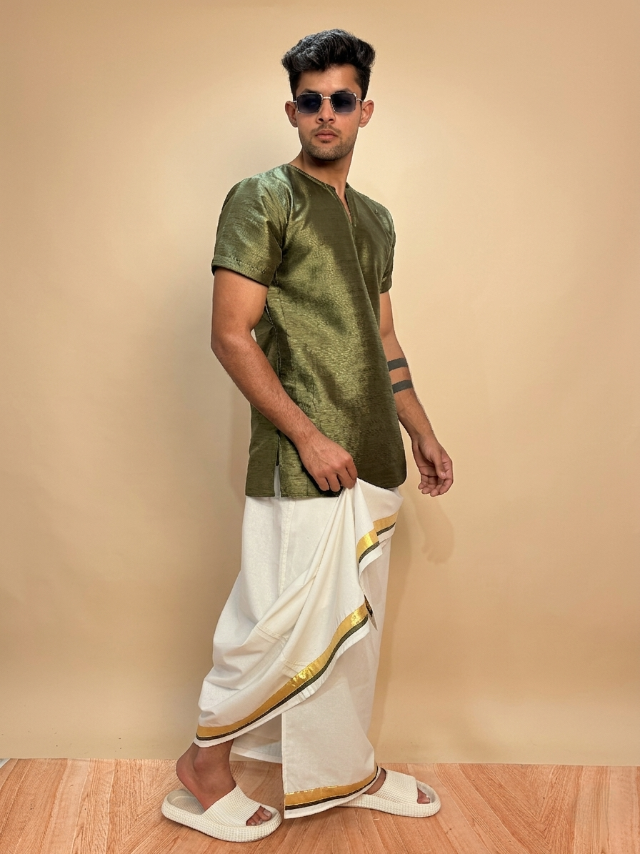 Men Olive Green  Colour Mulberry Silk Kurta.