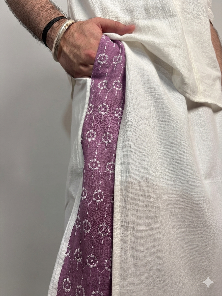Men White Color  Pajamalungi With Purple Embroidery Panel