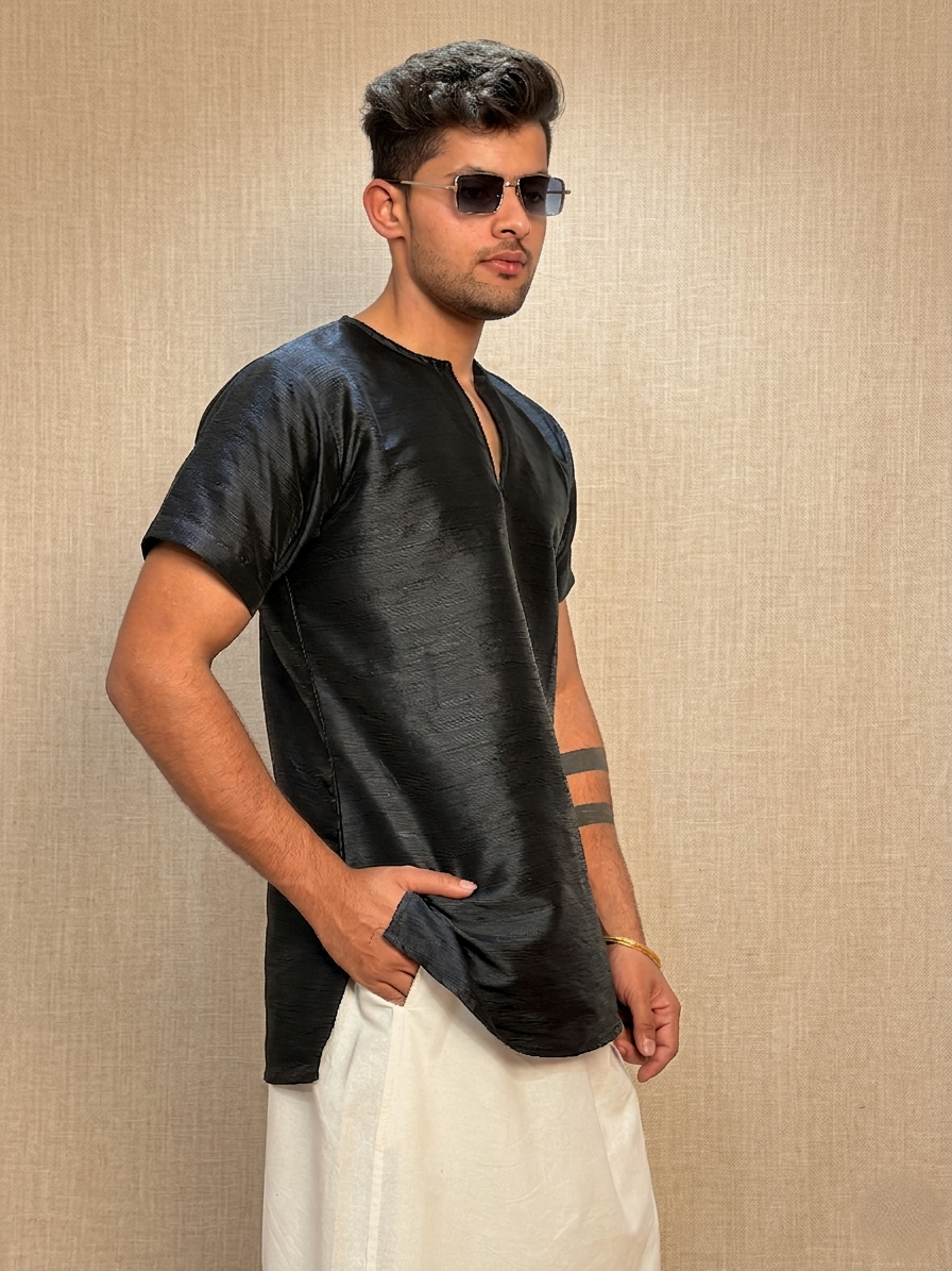 Men Black Colour Mulberry Silk Kurta.