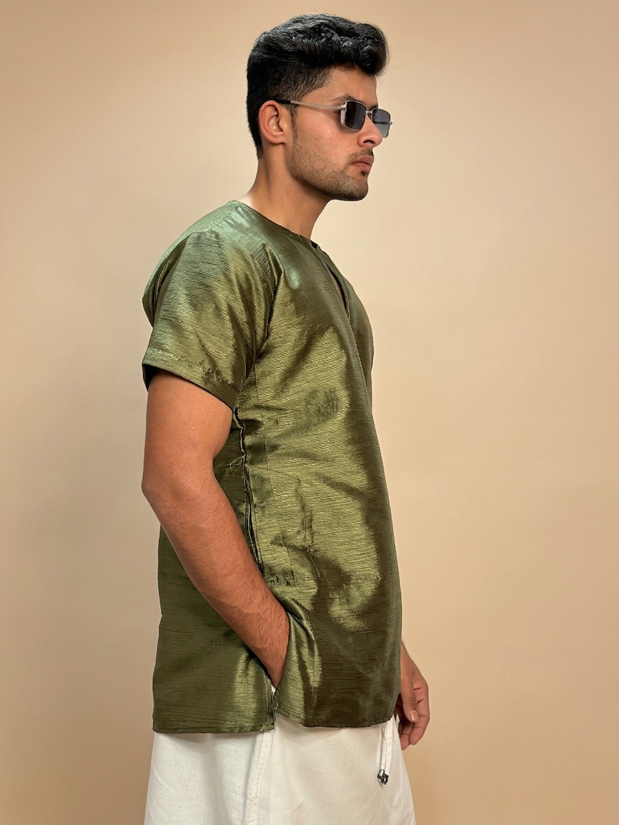 Men Olive Green  Colour Mulberry Silk Kurta.