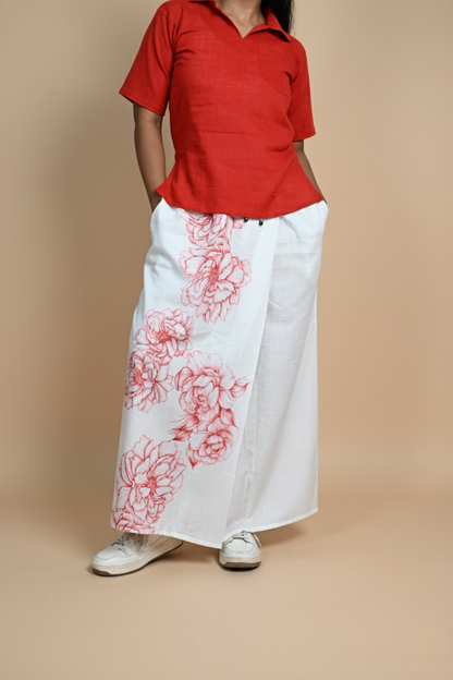 Women Red Big Flower Printed Pajamalungi