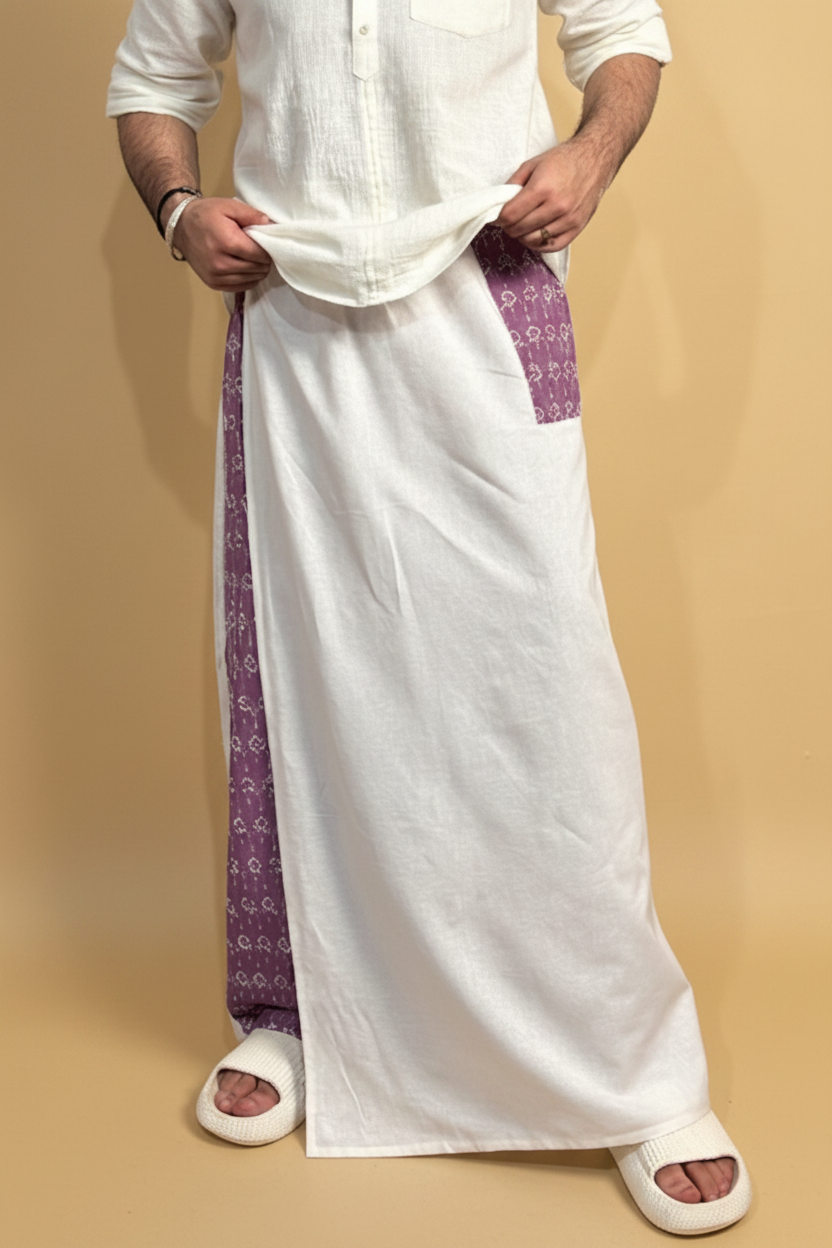 Men White Color  Pajamalungi With Purple Embroidery Panel