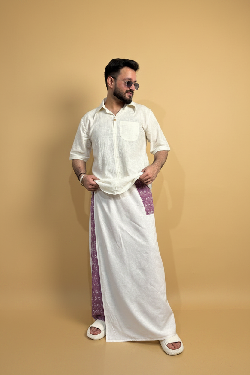 Men White Color  Pajamalungi With Purple Embroidery Panel